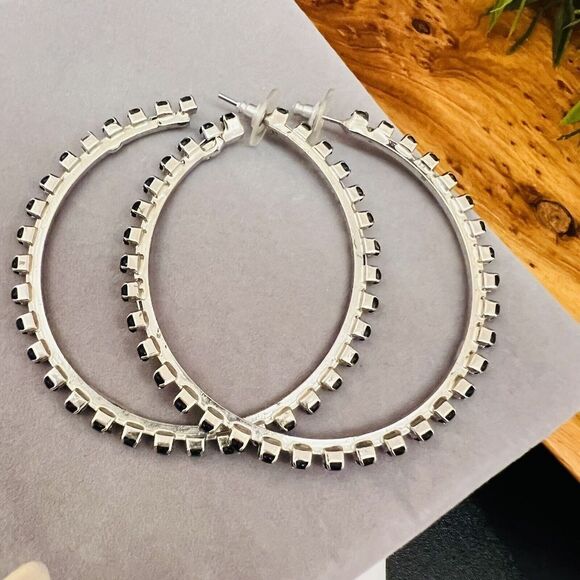 Huge Open Hoop Earrings Silver Tone Black Rhinestones Elegant Fancy 4088 - Picture 9 of 11